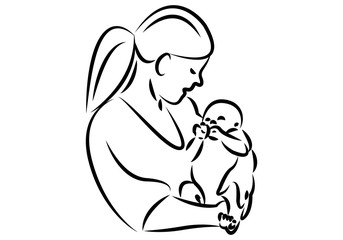 Trazos negros de una mujer acunando a un bebe. 