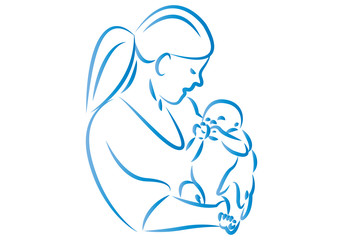 Trazos azules de una mujer acunando a un bebe. 