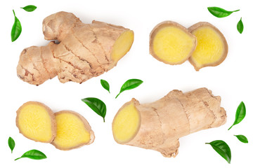 fresh Ginger root and slice isolated on white background. Top view. Flat lay
