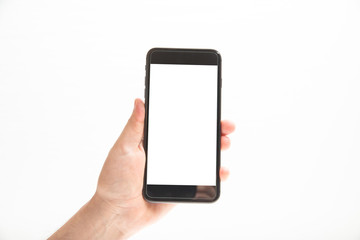 man hand holding black smartphone with blank screen isolated on white background with clipping path