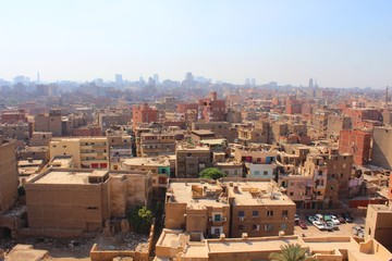 Ariel View of an old Cairo district showing houses rooftops on a sunny morning