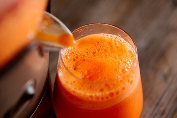 process of making juice in a juicer, process preparation of fresh juice in juicer, carrot juice