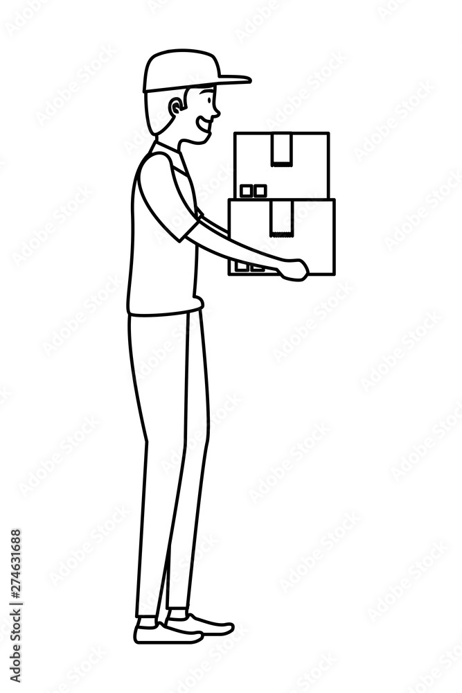 Wall mural worker of delivery service lifting carton box