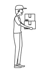 worker of delivery service lifting carton box