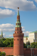 View of the Vodovzvodnaya Tower of the Moscow Kremlin on a clear Sunny day. Moscow attractions of World tourism.