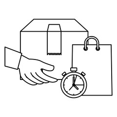 box carton with shopping bag and chronometer