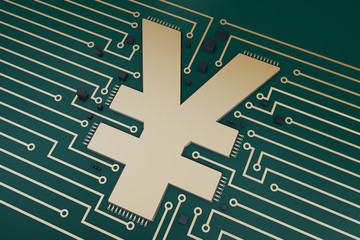 Circuit board with currency symbols, financial electronics,renminbi