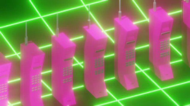 80s style neon phones in a row