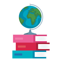 pile textbooks with world map