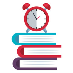 pile textbooks with alarm clock icons