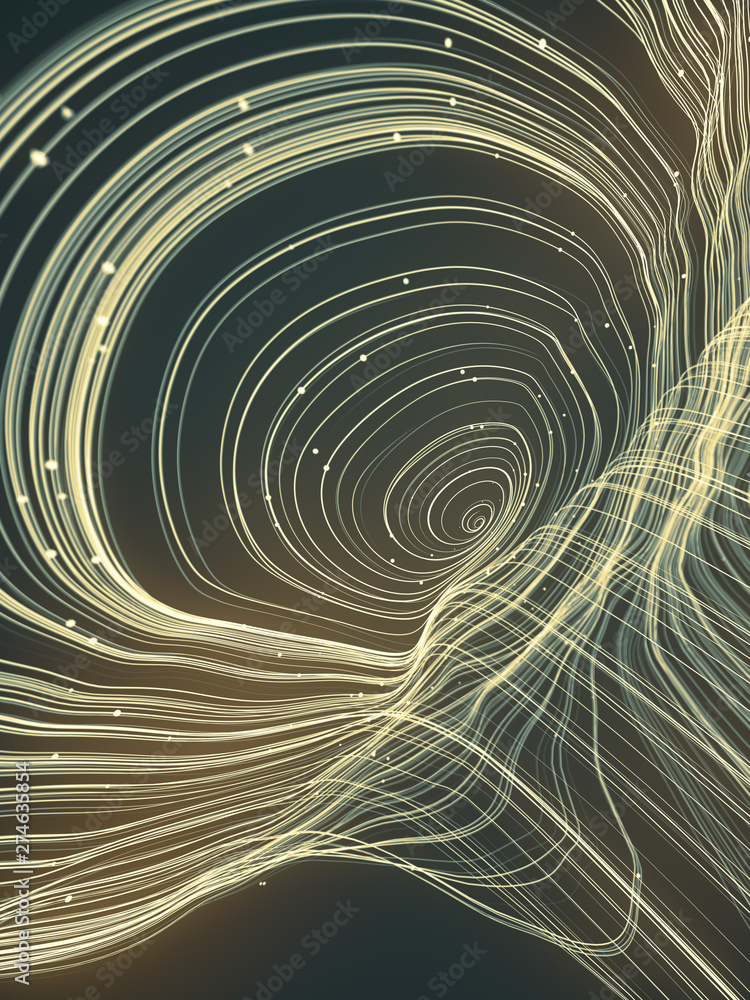 Poster magic wavy rings with small beads on a dark background. depth of field. 3d rendering