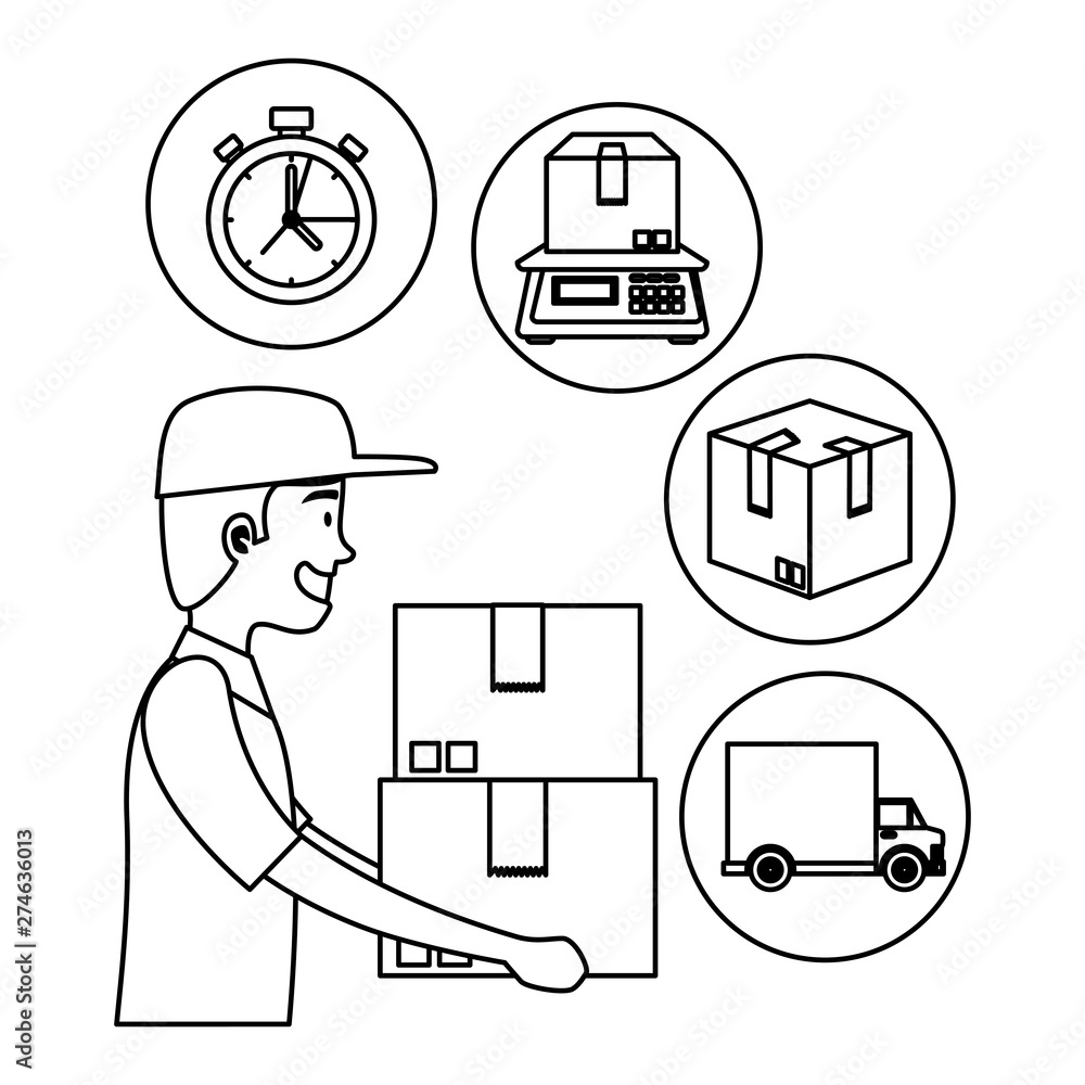 Poster worker of delivery service lifting boxes and set icons