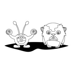 Obraz premium funny monsters couple comic characters monochrome