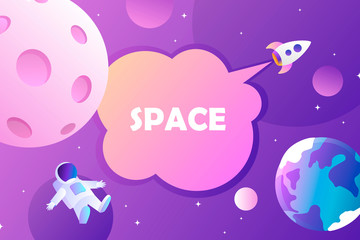 Horizontal space background with abstract shape and planets. Web design. Space exploring. Vector illustration. Astronaut. Rocket launch. 