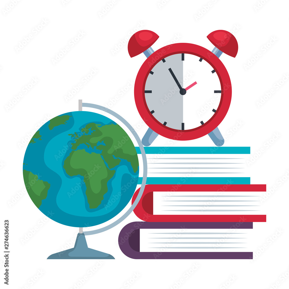 Poster pile textbooks with alarm clock and world map