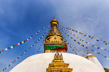 Swayambhunath Stupa located on the top of the hill and overlooking the city of Kathmandu in Nepal.