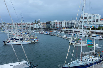 Marina in Ponta Delgada, capital os São Miguel island in Azores, Portugal. Moored yachts and boats...
