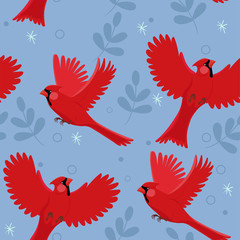 Seamless pattern with red cardinal bird and little leaves. Vector illustration.