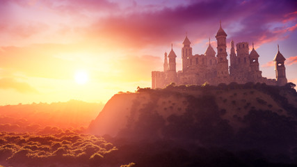 concept art of majestic ancient castle at sunset with natural environment