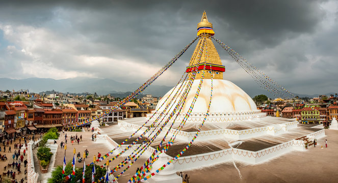 Boudha, Bodhnath or Boudhanath stupa with prayer flags, the biggest Buddhist stupa in Kathmandu, Nepal.