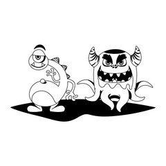 funny monsters couple comic characters monochrome