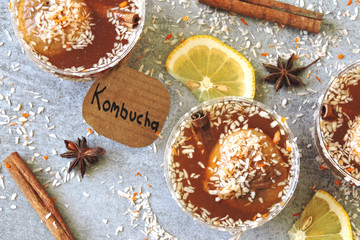 Cold Kombucha tea cups. Fermented beverages. Probiotics.