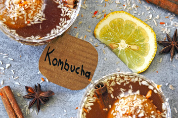 Fototapeta na wymiar Cold Kombucha tea cups. Fermented beverages. Probiotics.