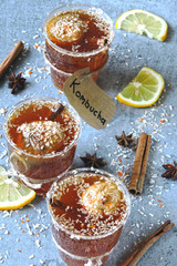 Cold Kombucha tea cups. Fermented beverages. Probiotics.