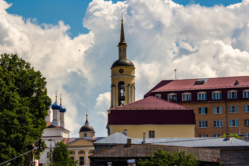 View of the building of the city of Borovsk, Russia. Bell tower of the Annunciation Cathedral. June 2019