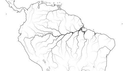 World Map of The AMAZON SELVA REGION in SOUTH AMERICA: Amazon Selva, Orinoco Llanos, Brazil, Venezuela, Colombia, Peru. Geographic chart of continent with affluent rivers and oceanic coastline.
