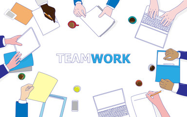 Business people working on a desk top view. Flat design illustration concepts