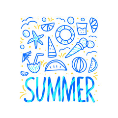 Summer poster. Vector color text with decor. © Syuzann q