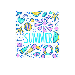 Summer poster. Vector color text with decor.