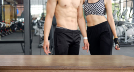 Empty wood table space platform and fitness gym