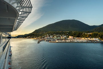 City view of Ketchikan, Alaska from cruise ship, late afternoon.