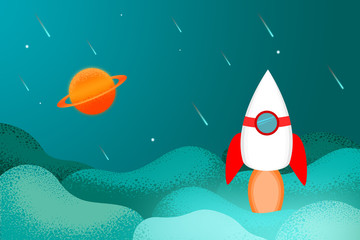  landing page web green background. Rocket in galaxy with Saturn.