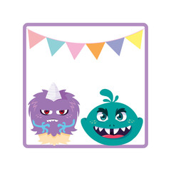 square frame with funny monsters and garlands hanging