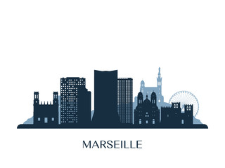 Naklejka premium Marseille skyline, monochrome silhouette. Vector illustration.