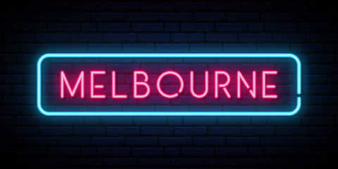 Fototapeta na wymiar Melbourne neon sign. Bright light signboard. Vector banner.