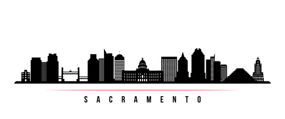 Naklejka premium Sacramento city skyline horizontal banner. Black and white silhouette of Sacramento city, California USA. Vector template for your design.