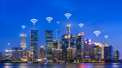 Modern city with wireless network connection concept in Shanghai