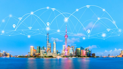 Modern city with wireless network connection concept in Shanghai
