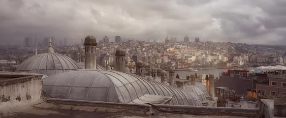 Stadtbild von Istanbul an einem bewölkten Tag, Blick auf den Bosporus und den Galata-Turm von den Dächern. © elen31