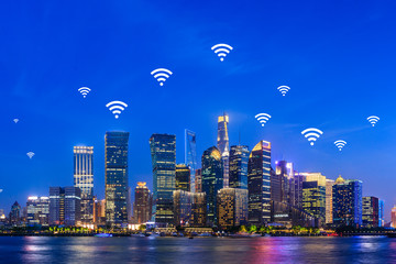 Modern city with wireless network connection concept in Shanghai