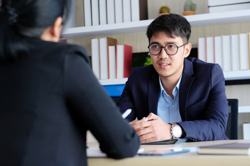 Young asian businessman at business meeting, job interview, in office, business people, office lifestyle concept