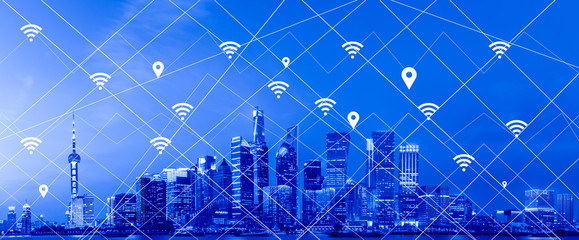 Modern city with wireless network connection concept in Shanghai