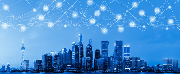 Modern city with wireless network connection concept in Shanghai