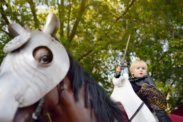 Portrait of a cute little boy dressed as a medieval knight with a sword and a shield riding a horse