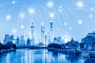 Modern city with wireless network connection concept in Shanghai