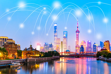 Modern city with wireless network connection concept in Shanghai